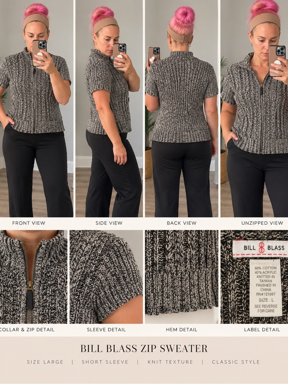 bill blass Black & White Marled Short-Sleeve Zip Knit Sweater